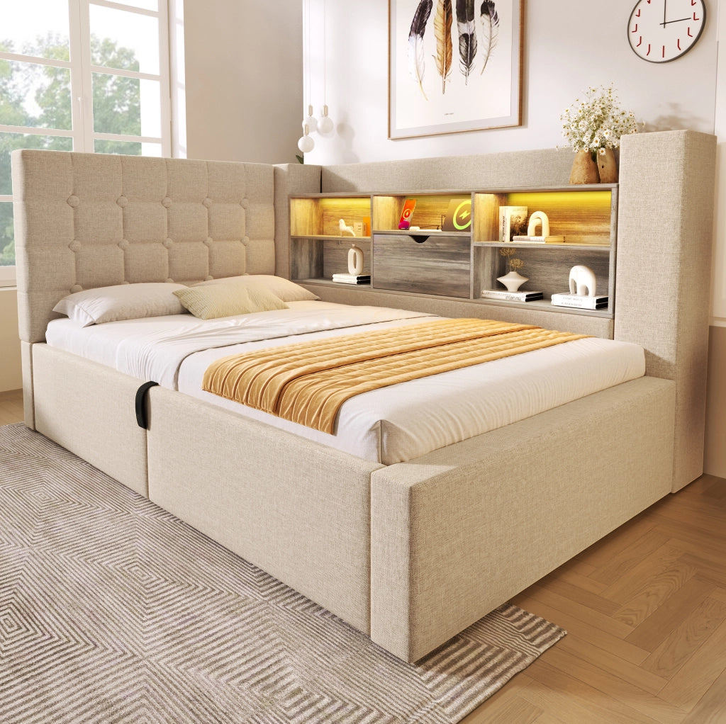 Letto singolo imbottito 90x200 beige con LED, USB-C, vani e contenitore idraulico