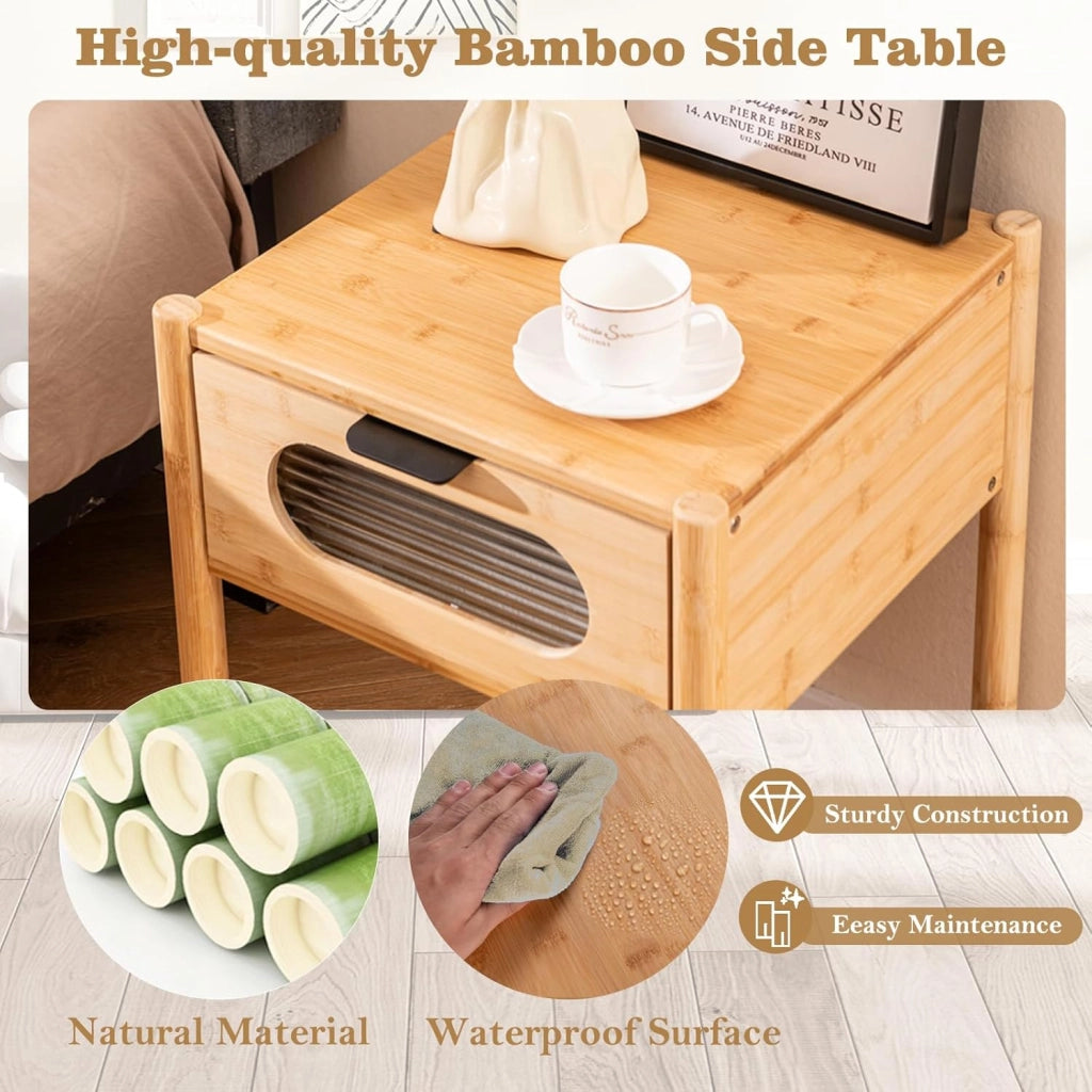 Comodino quadrato in bambù con cassetto portaoggetti in vetro temperato, gambe rialzate, tavolino per camera da letto, soggiorno, piccoli spazi, 40 x 40 x 50,5 cm