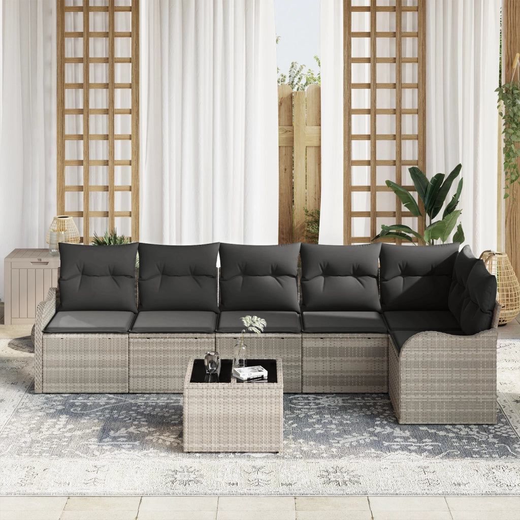 Set Divano da Giardino  7 Pezzi con Cuscini Grigio Polyrattan