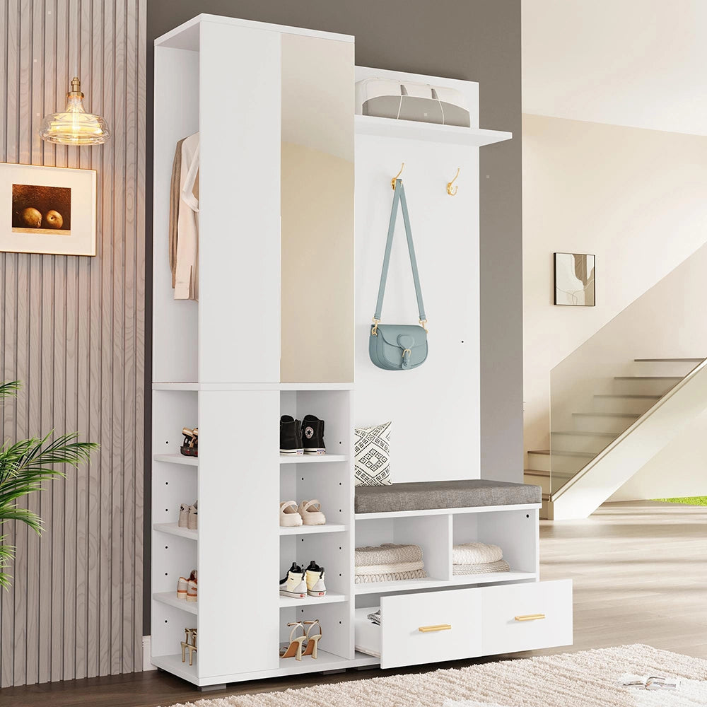 Vestiaire completo con specchio - Xylo - 120x35x190 cm - Bianco - Panca scarpe e 3 ganci