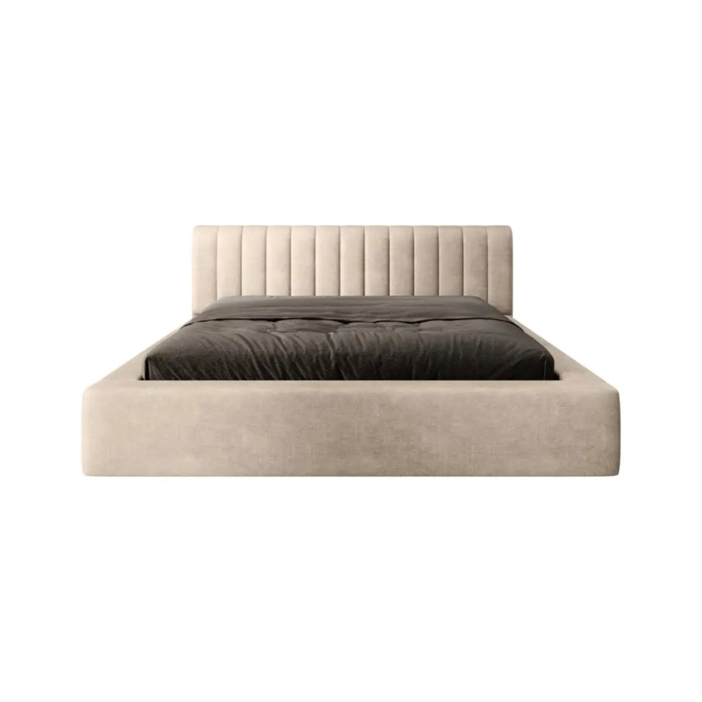 Letto contenitore CERVIN – Velluto morbido Nude Sablé – 160x200 cm – Rete sollevabile – Design elegante