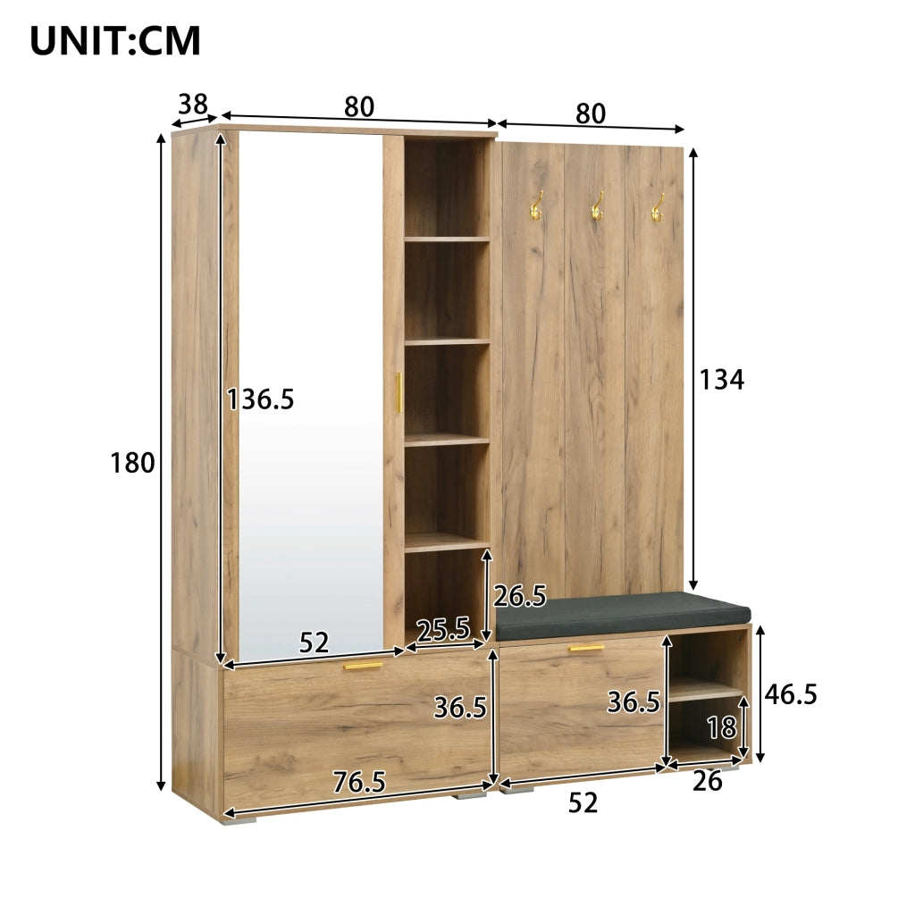 Mobile ingresso con specchio; scarpiera; panca; asta estraibile e 4 ganci - 160x38x180 cm