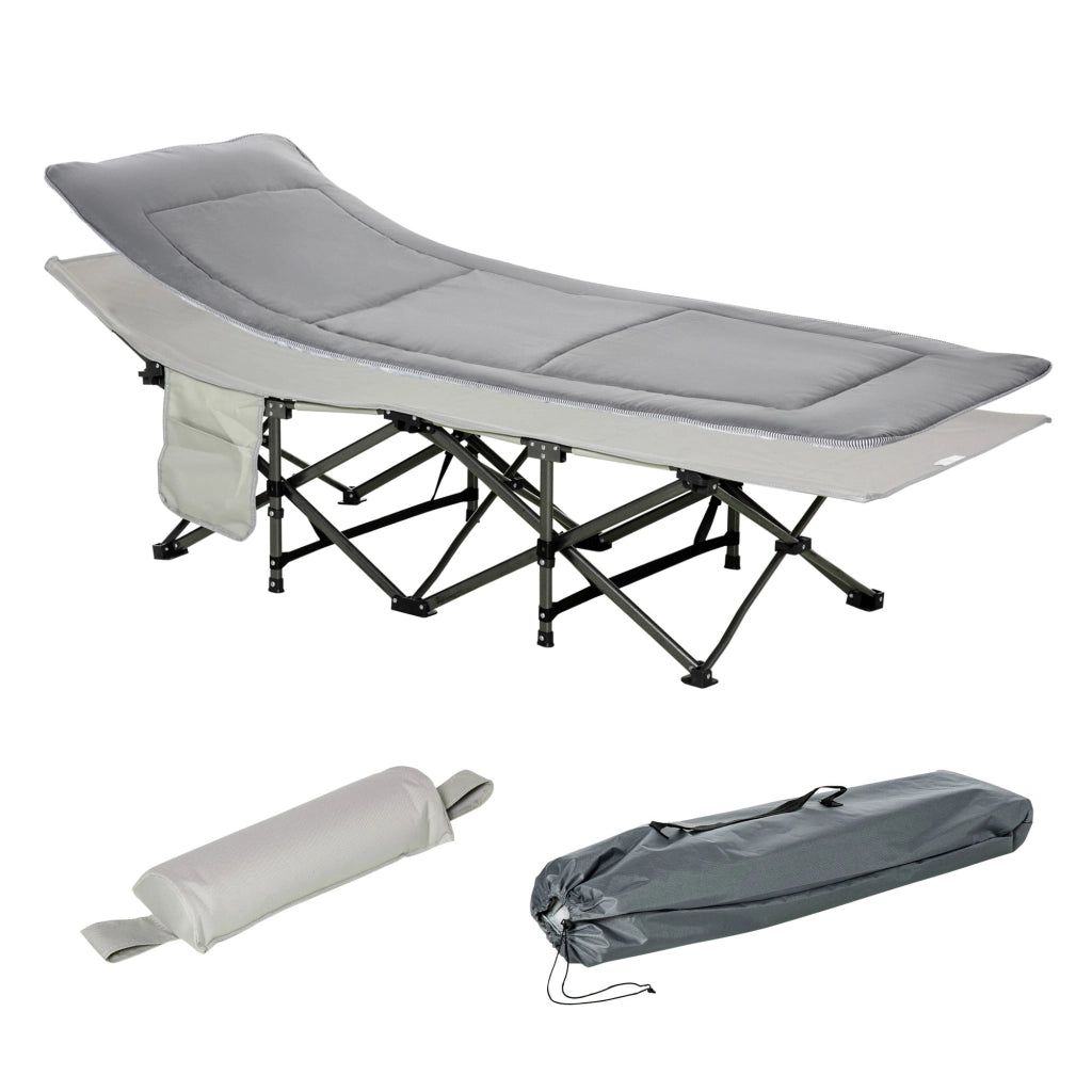 Lettino da Campeggio Pieghevole e Imbottito con Tasca Portaoggetti 188x64,5x53 cm  Grigio chiaro