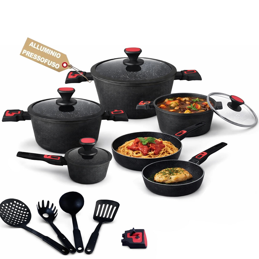 Batteria Pentole Rubino Suprem 24PZ Alluminio Pressofuso Nero Manici Removibili