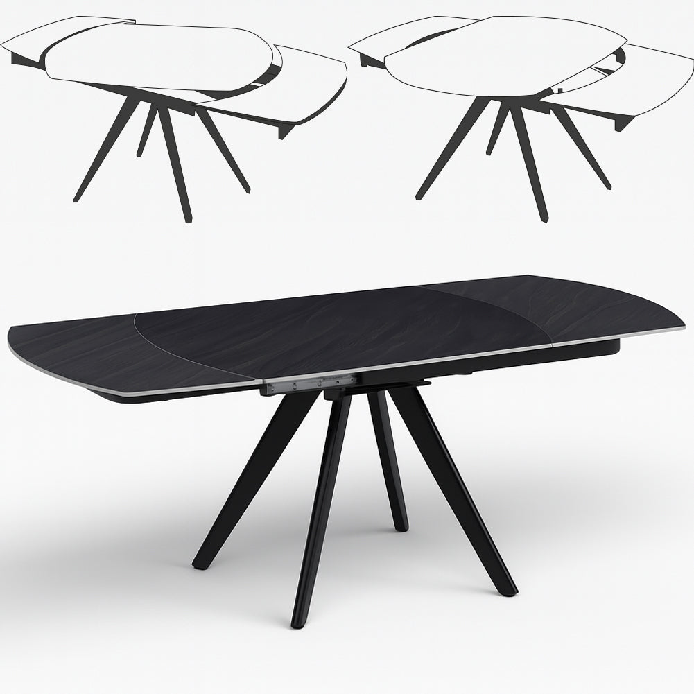 Tavolo Allungabile Piano Rotante 140-180x90x77 cm in Ceramica Effetto Marmo Nero