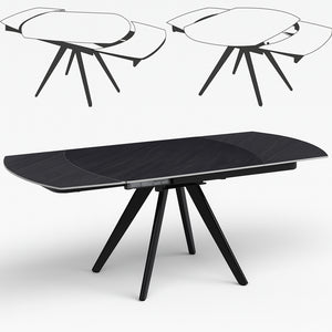 Tavolo Allungabile Piano Rotante 140-180x90x77 cm in Ceramica Effetto Marmo Nero