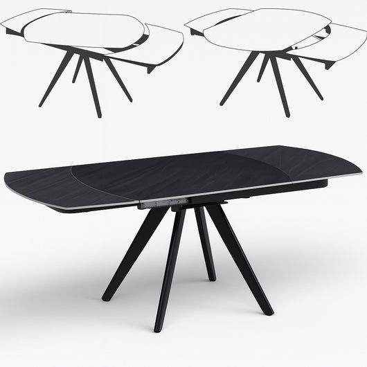 Tavolo Allungabile Piano Rotante 140-180x90x77 cm in Ceramica Effetto Marmo Nero