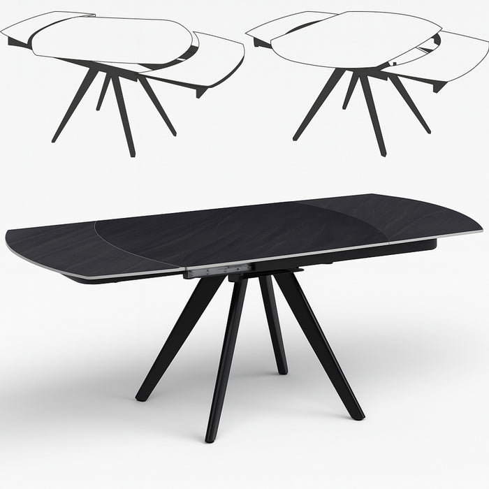 Tavolo Allungabile Piano Rotante 140-180x90x77 cm in Ceramica Effetto Marmo Nero