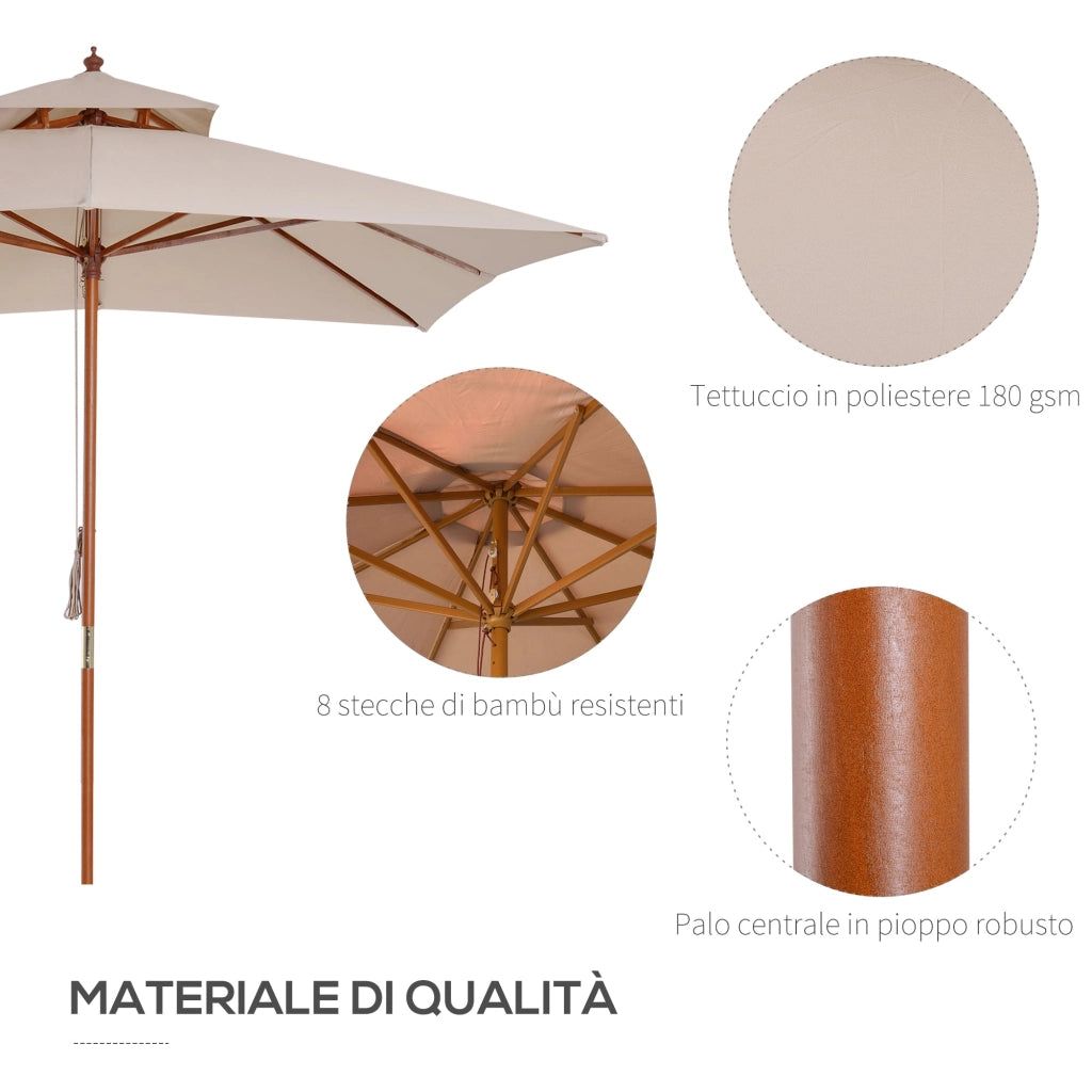 Ombrellone da Giardino 3x3 m Palo Ø48 mm in Bambù Doppio Tetto Crema