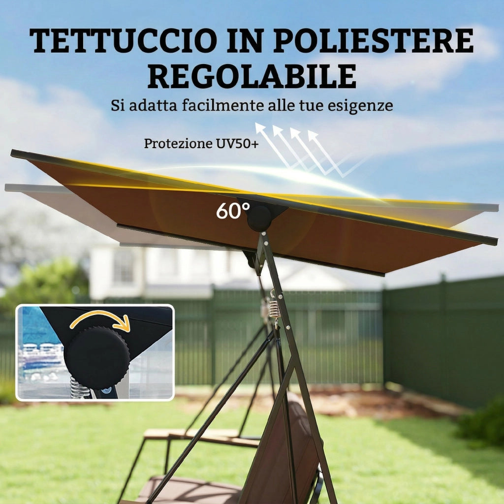 Dondolo da Giardino 3 Posti con Tettuccio Regolabile, Dondolo da Esterno in Metallo con Vassoi Porta Bicchieri, Cuscini Imbottiti, Portata 360kg, per Terrazzo Balcone, 222x131x175 cm, Marrone