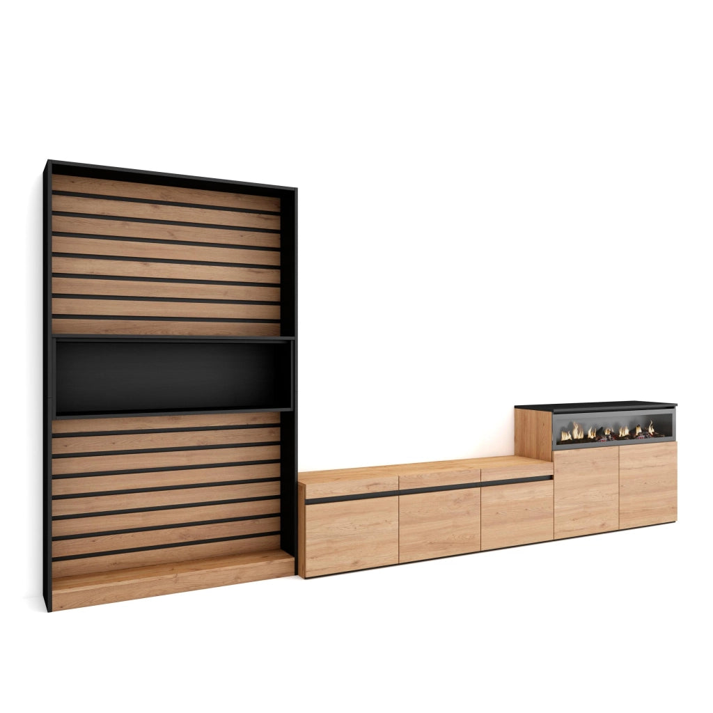Mobile TV, Soggiorno, 360x35x186cm, Per TV fino a 65", Camino elettrico, colore Rovere e nero RF3161