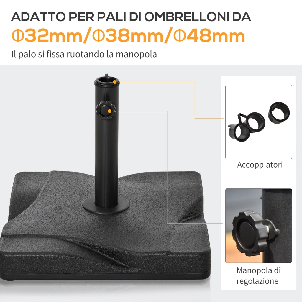 Base per Ombrellone in Plastica da 20kg per Pali da 32-38-48mm, 41.5x41.5x35cm