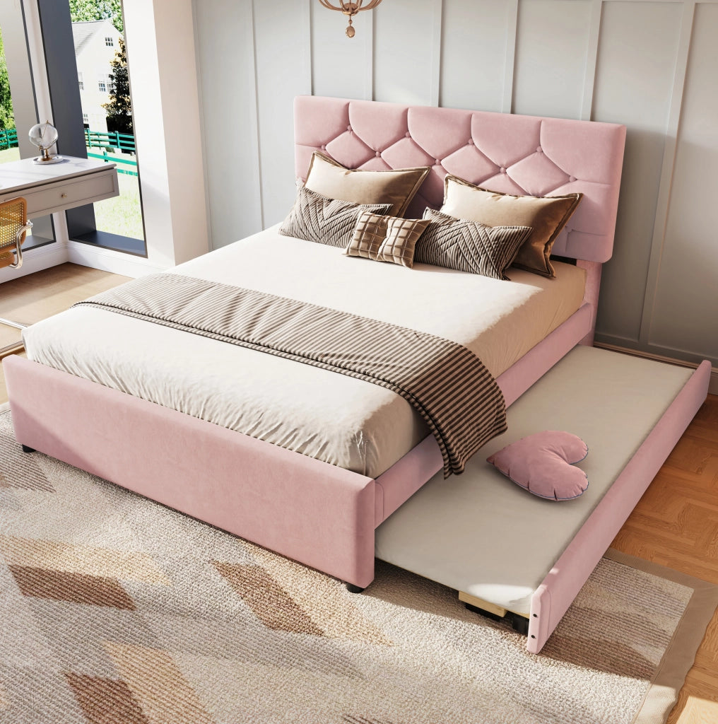 Letto imbottito rosa 140x200 cm in velluto con rete e letto estraibile