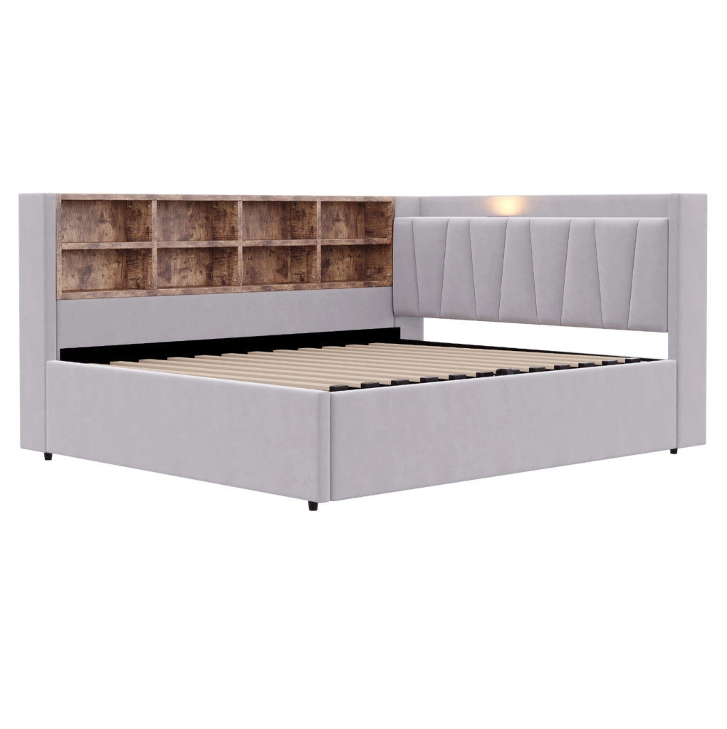 Letto imbottito ULEVR 140x200 cm con contenitore idraulico, luce notturna, USB e Type-C, velluto grigio chiaro