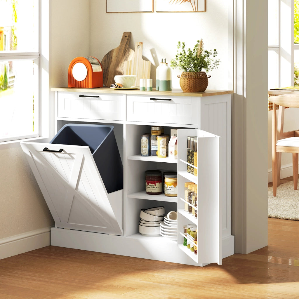 Mobile da cucina con cestino 38L, 2 cassetti, ripiano spezie e piano lavoro ¨C zephmum ¨C bianco