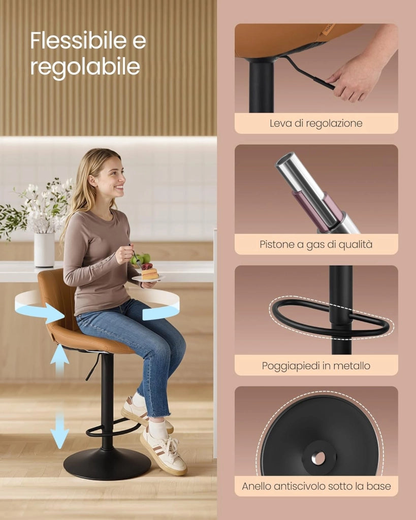 VASAGLE Sgabelli da Bar, Schienale, Sedie da Bar Regolabili in Altezza, Girevoli a 360°, Poggiapiedi Metallo, Sala da Pranzo Cucina, PU, Set di 2, Marrone Caramello LJB181KN01