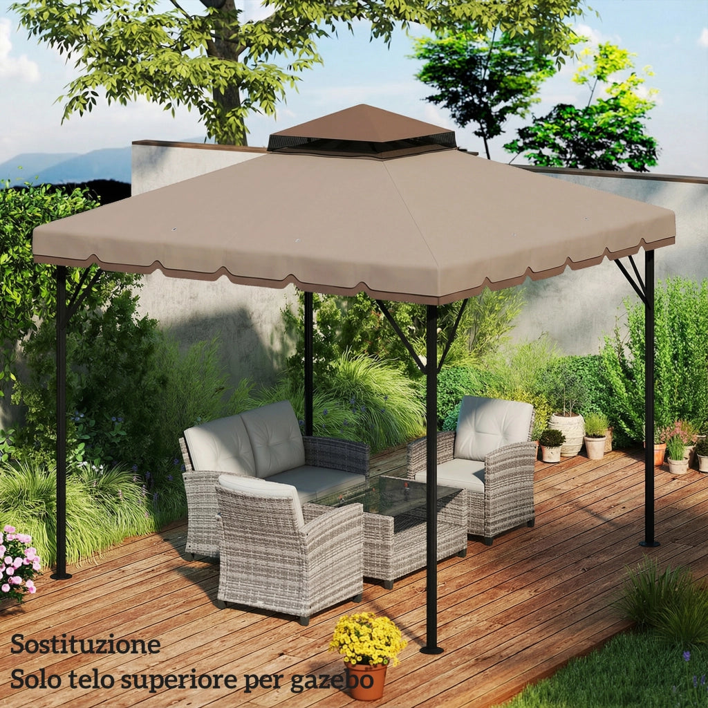 Telo di Ricambio Copertura per Gazebo 3x3 m a 2 Livelli con 8 Fori di Drenaggio in Poliestere Cachi e Marrone