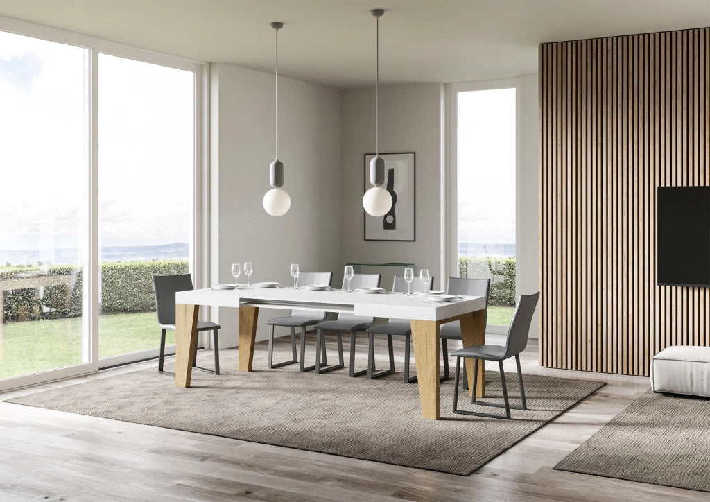 Tavolo Allungabile 130/234x90x77 cm Naxy Mix piano Bianco Frassino gambe Quercia Natura