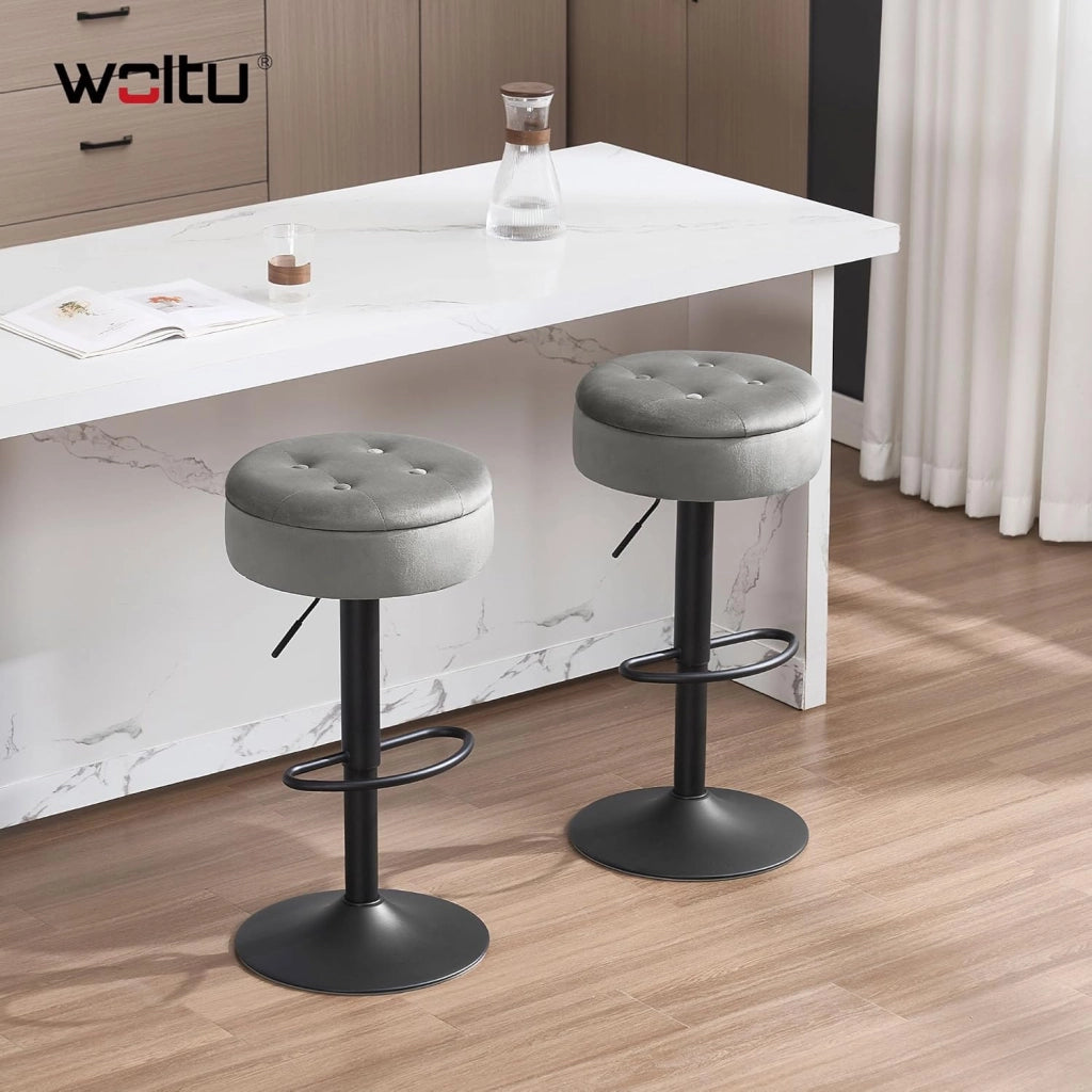 Set di 4 Sgabelli da Cucina, Sgabelli da Bar Alti con Spazio Contenitivo, Sedia Regolabili in Altezza e Girevoli a 360°, per Cucina Sala da Pranzo Bar Bancone, Velluto, Metallo, Grigio Chiaro