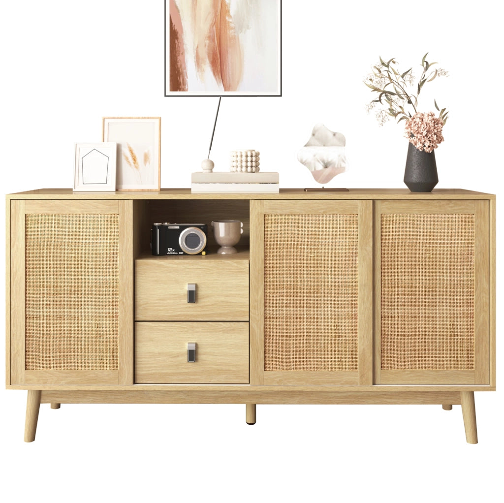 Madia 155x38x80 cm con 2 cassetti e ante scorrevoli in rattan; MDF e pannello truciolare