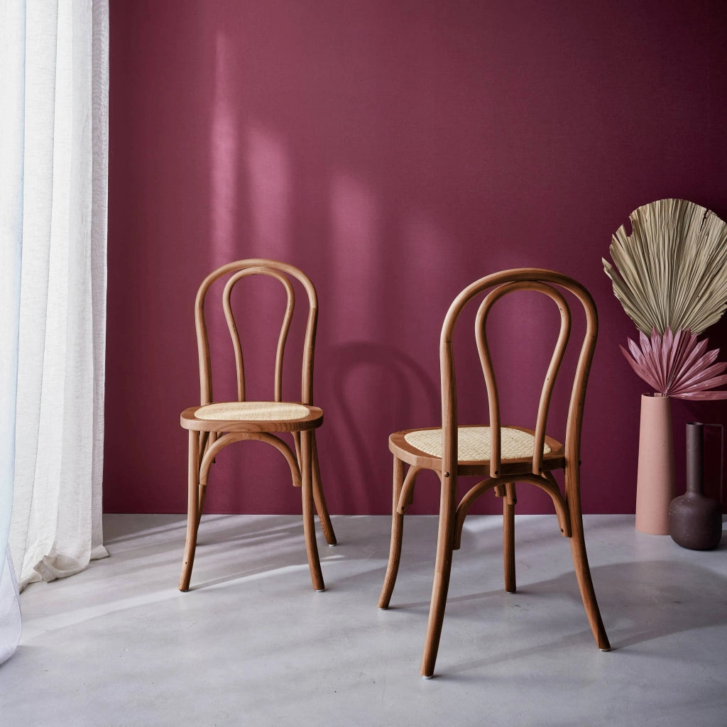Set 2 sedie vintage in legno e rattan, noce