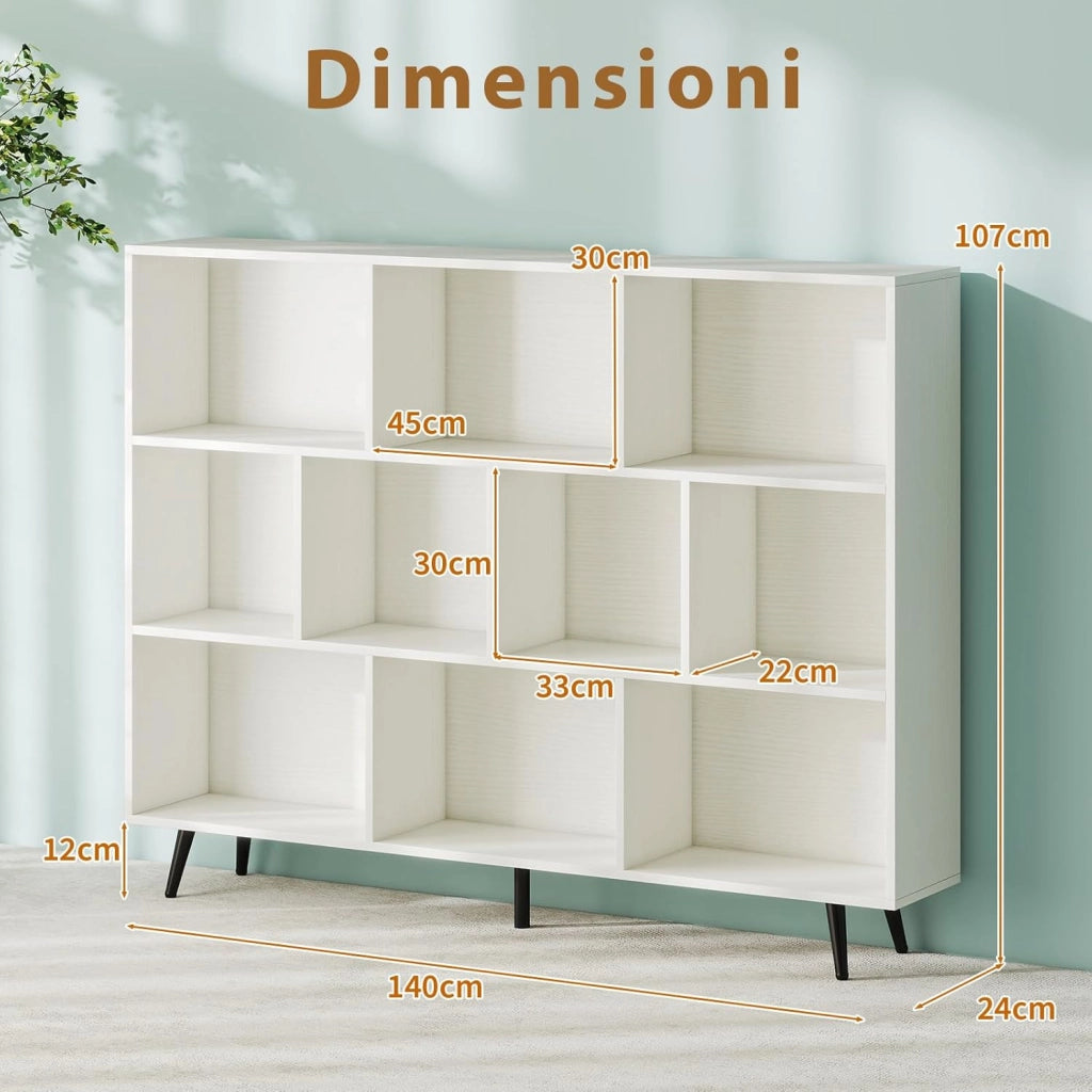 Libreria a 10 Cubi, Organizzatore di Stoccaggio Moderno con 5 Gambe di Metallo, Scaffale per Esposizione con 2 Kit Anti-Ribaltamento per Soggiorno Studio Camera da Letto, Bianco (140x24x107cm)