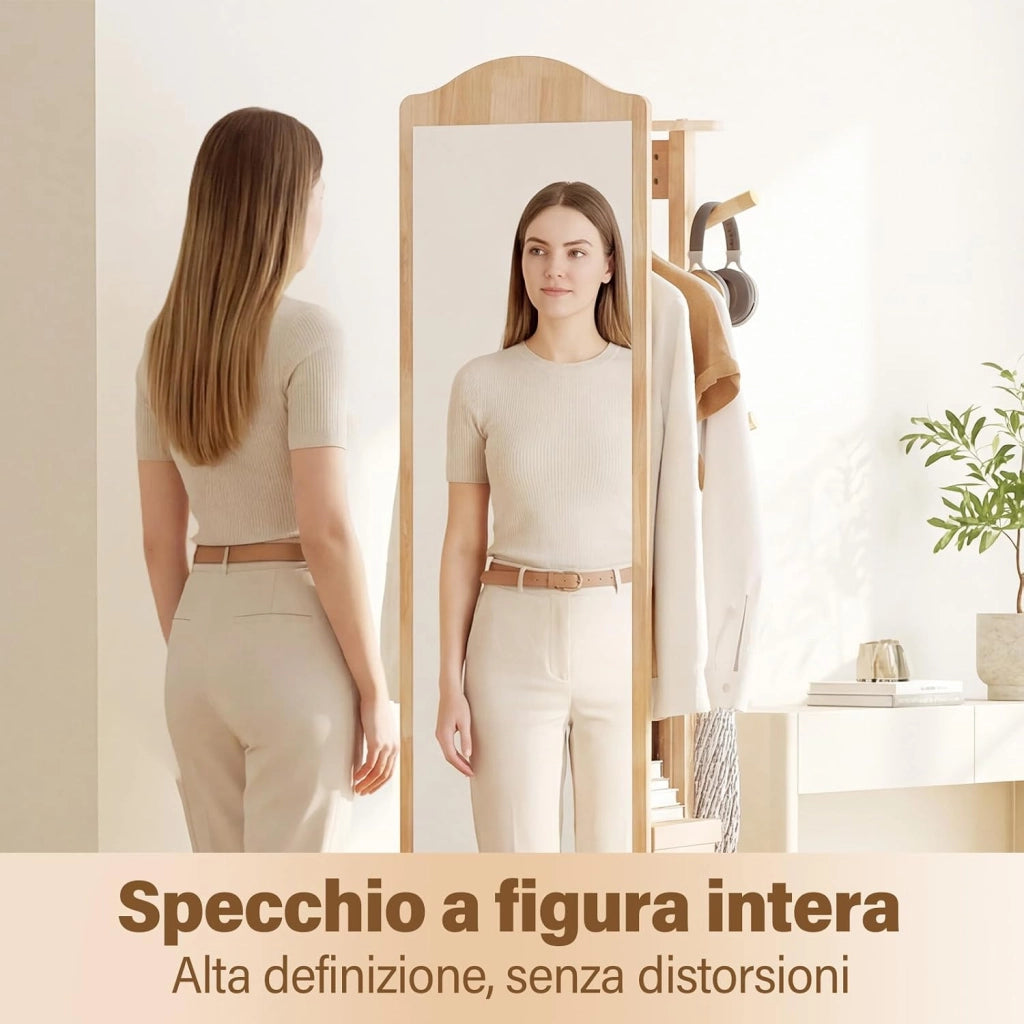 Appendiabiti Girevole a 360° con Specchio, Specchio a Figura Intera da Terra con Ripiani e Ganci, Appendiabiti per Soggiorno, Camera da Letto e Guardaroba (Stile 2)