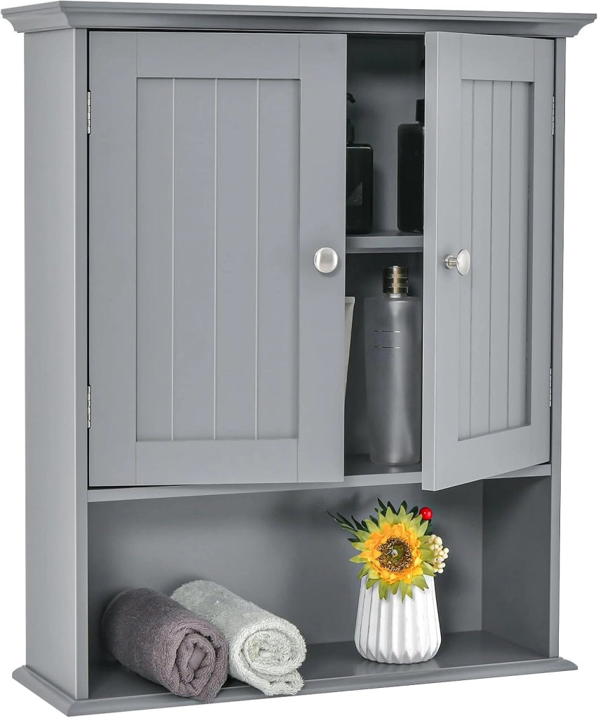 Armadio da Bagno Sospeso, con Ripiano Aperto, Armadio da Bagno con Ante e Mensola Regolabile, Pensile per Camera, Cucina, 60 x 19 x 71 cm