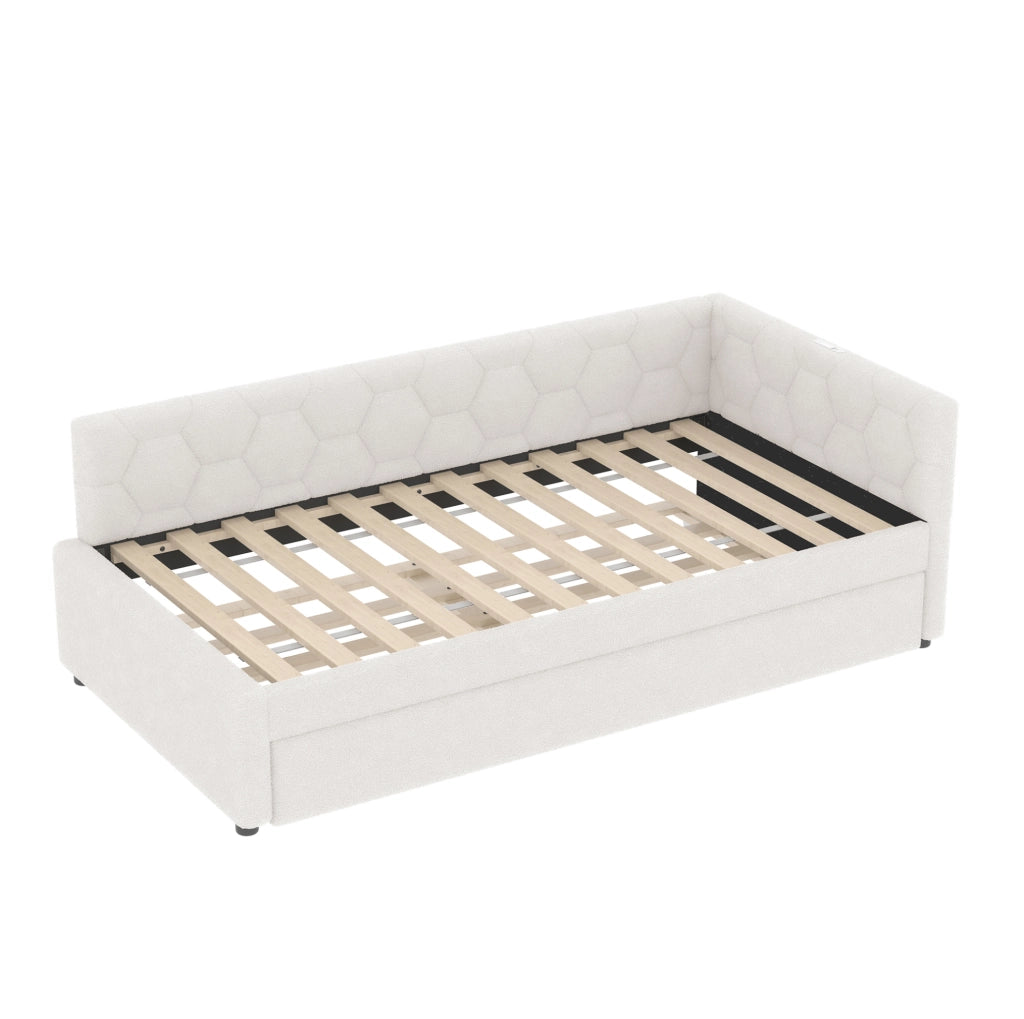 Letto Daybett 90x200 cm con Rete e Divano Letto Estraibile, USB e Lampada da Comodino, Bianco