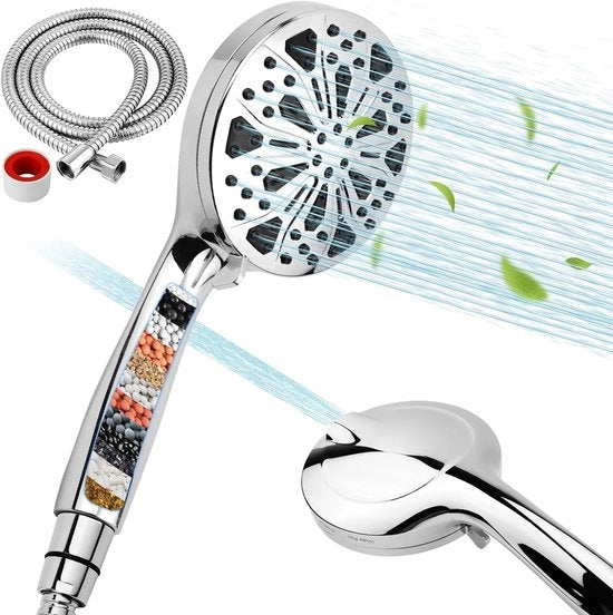 Douchekop con 1,5 m tubo e filtro, 10 tipi di getto, douchi a basso consumo, testa douchi ad alta pressione, testa douchi rotonda (Ø 124 mm), testa douchi anticalc, per adulti, bambini, animali domestici