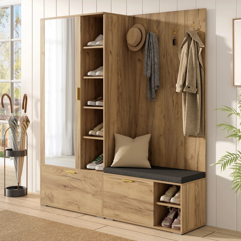 Mobile Ingresso Guardaroba 160×38×180 cm Nero e Legno con Specchio; Scarpiera; Panca e Appendini