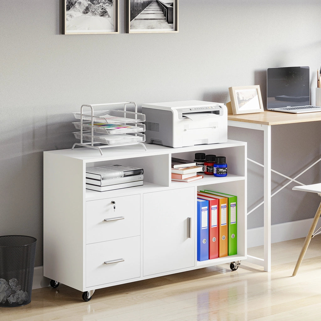 Cassettiera con rotelle e 2 cassetti chiudibili a chiave, 3 ripiani e armadietto ¨C zephmum ¨C Bianco, 100x35x65 cm