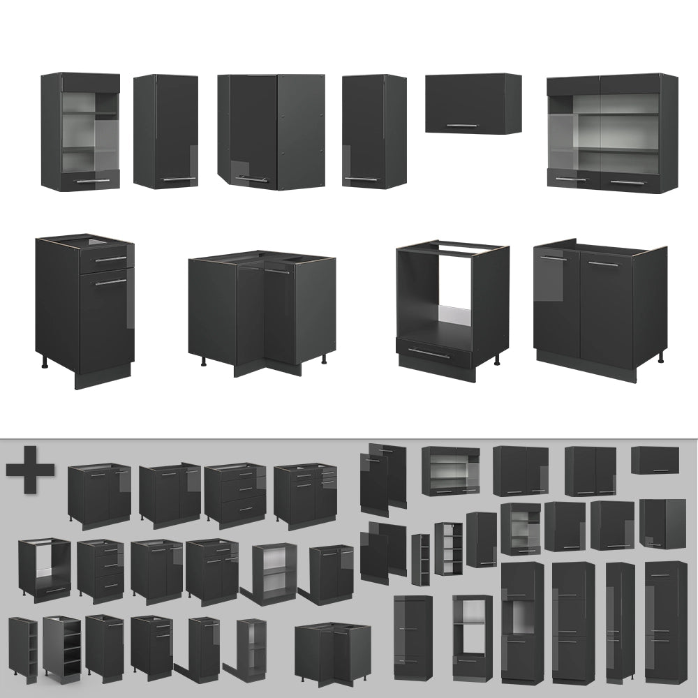 Vicco Cucina angolare completa Antracite lucido 190 x 46 cm senza piano di lavoro