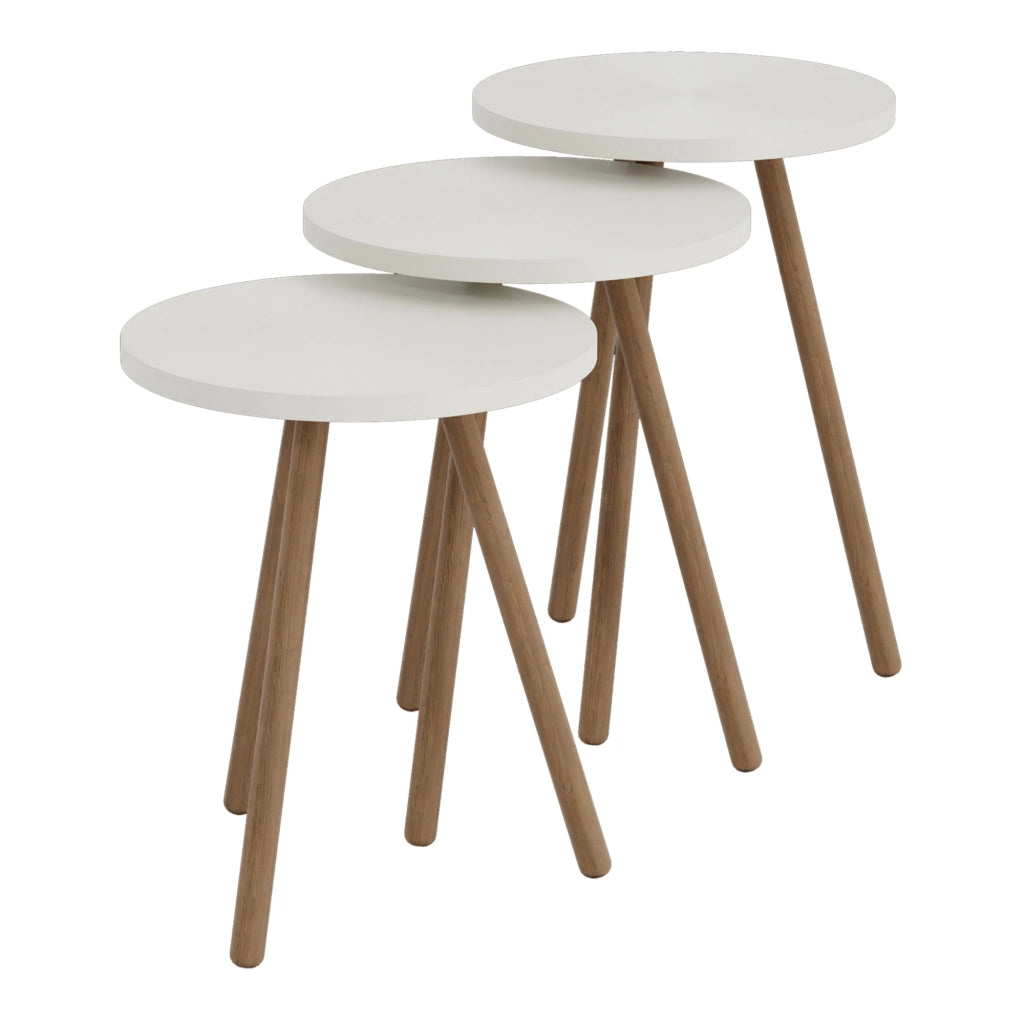 Set di 3 Tavolini Bassi da Salotto 'Hjørring' in Altezze Diverse con Piani Rotondi e Treppiede in Faggio - Bianco [en.casa]