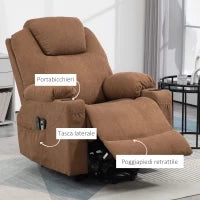 Poltrona Alzapersona Massaggiante a 8 Punti con Telecomando, in Tessuto Effetto Lino, 90x101x107 cm, Caffè