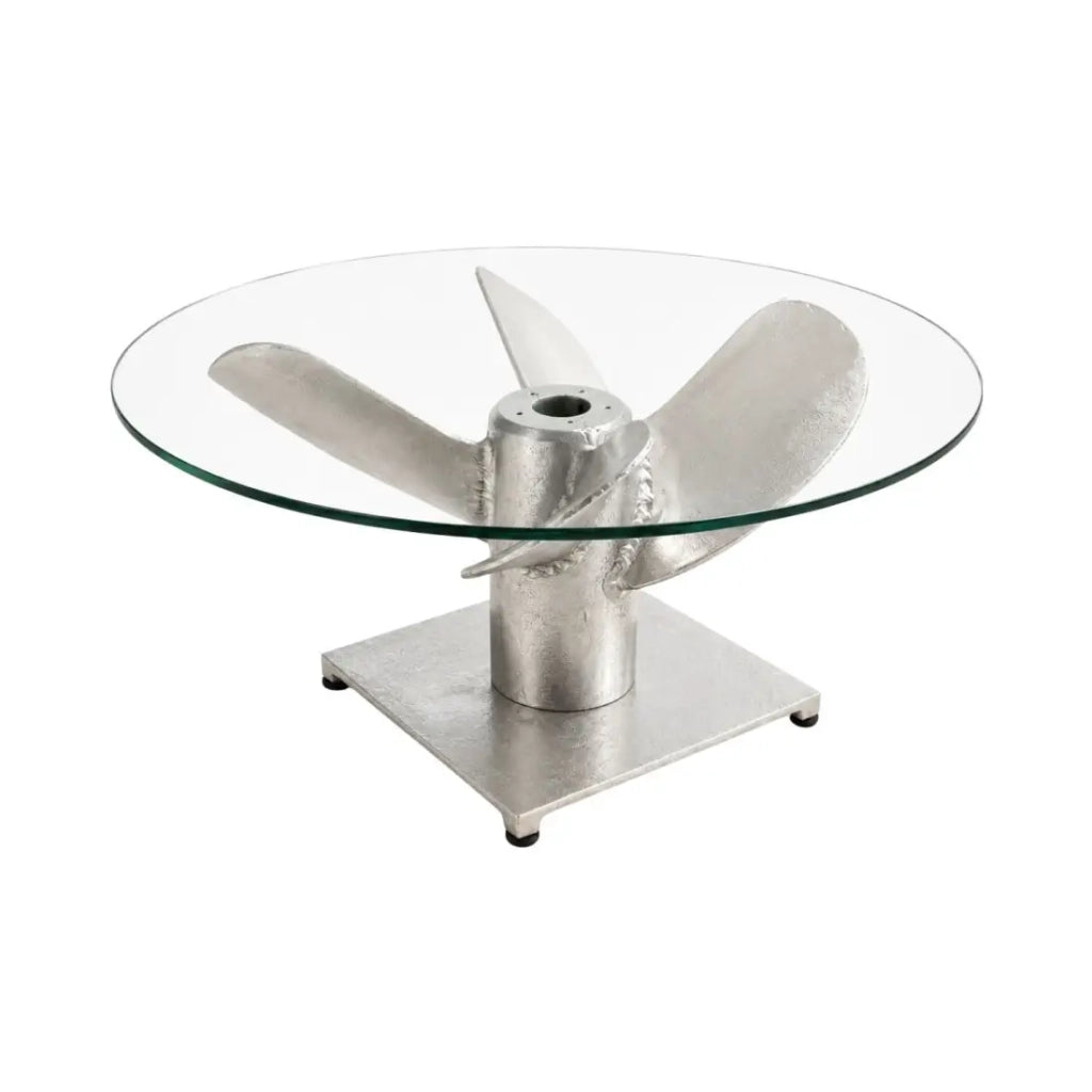 Tavolino basso ALUMIA rotondo 70 cm in alluminio argentato e vetro temperato – design industriale con piede a elica