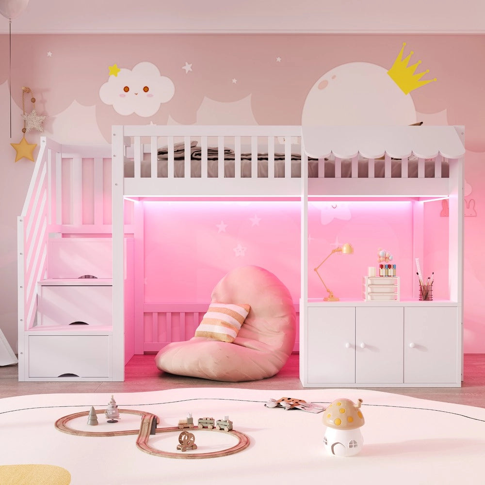Letto a Soppalco Singolo con Armadio, Scala, LED e Rete a Doghe ¨C Xylo ¨C Bianco 90x200