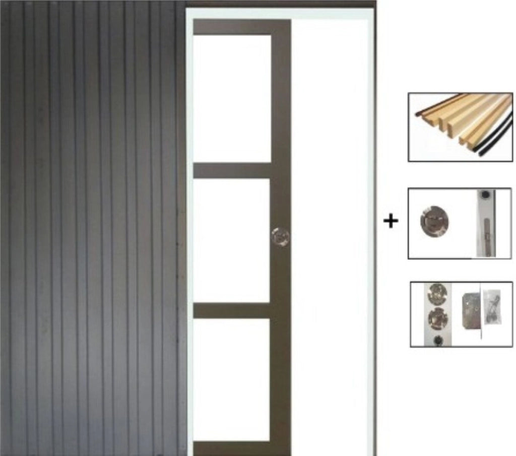 Porta Scorrevole Marrone Ral7006 Vetro Trasparente H204 x L73 + Sistema divisorio a tasche e kit di finitura inclusi