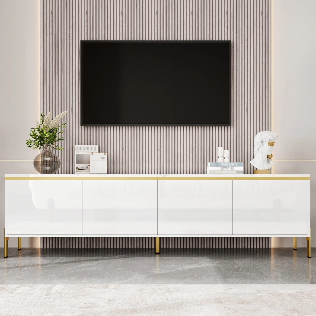 OKWISH Mobile TV con 4 Ante e Passacavi, Frontali Lucidi, Gambe in Metallo, per Soggiorno, Bianco, 170 x 38 x 50 cm