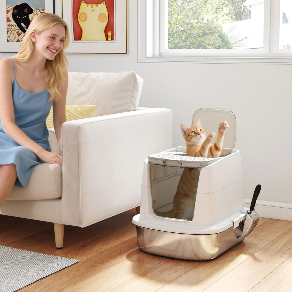 Casetta per gatti chiusa in acciaio inox con paletta e sacchetti antiodore ¨C zephmum ¨C 56x42x38
