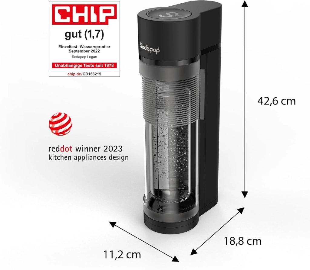 Aeratore Logan Starter Set con cilindro CO₂, con 2 bottiglie di vetro (850 & 600 ml) e 1 bottiglia in PET (850 ml), colore nero opaco, altezza 42,6 cm
