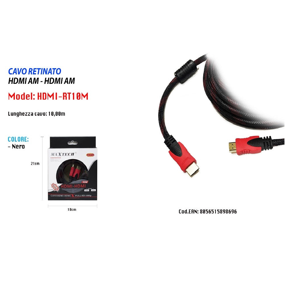 Trade Shop - Cavo Hdmi A Hdmi Schermato Da 10mt Video Full Hd Risoluzione 1080p Maxtech Hdmi-rt10m -