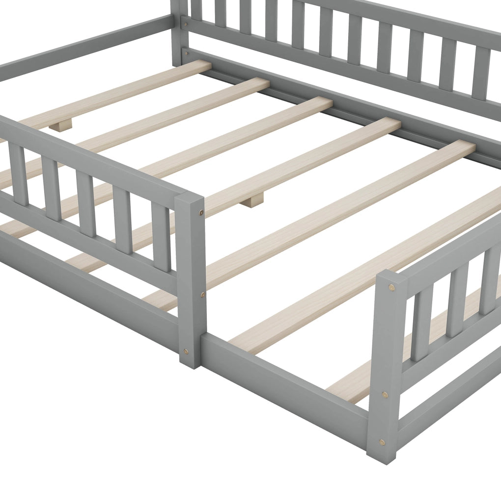Letto per bambini a casetta 140x200 cm con comodino e sponda di sicurezza; grigio