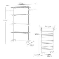 Stendino Verticale Pieghevole in Acciaio e Plastica con 6 Ruote e 4 Ripiani Regolabili, 142x55x172 cm