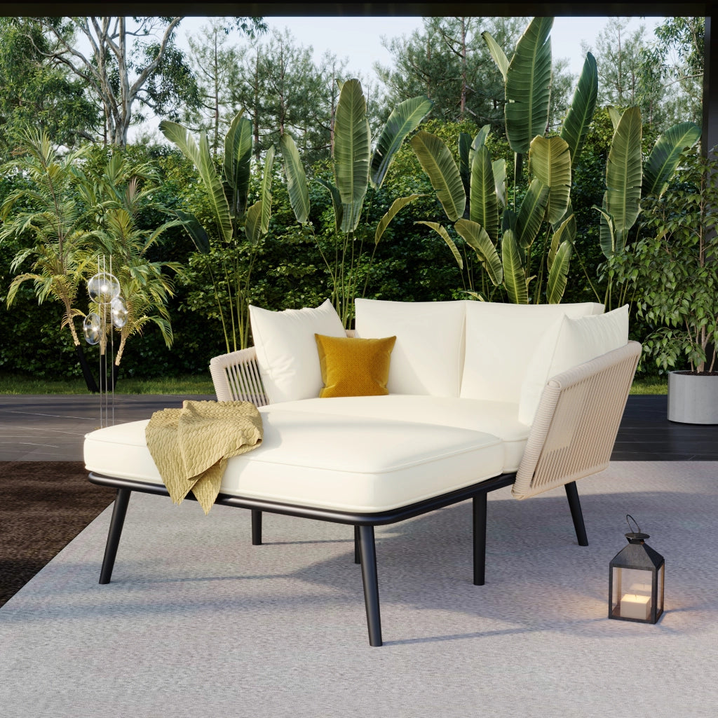 Chaise longue da giardino in acciaio zincato e poliestere beige con corda intrecciata cuscino sfoderabile