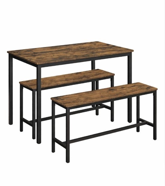 Tavolo da Cucina Industriale con 2 Bancali – Set da Cucina a 3 Pezzi 110 x 70 cm – Tavolo da Cucina con Struttura in Acciaio – Angolo Cucina Compatto per Cucina, Salotto o Appartamento