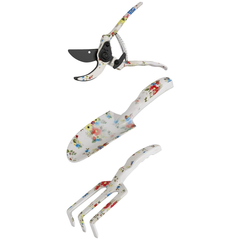 Set da giardinaggio 3 pezzi in alluminio multicolore con cesoie, paletta e rastrello manuale