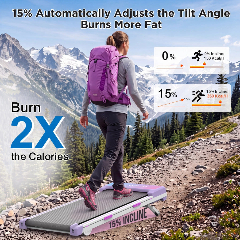 Tapis roulant ULEVR 3,5 HP 1-8 km/h, inclinazione automatica 15%, 12 programmi, Bluetooth, viola
