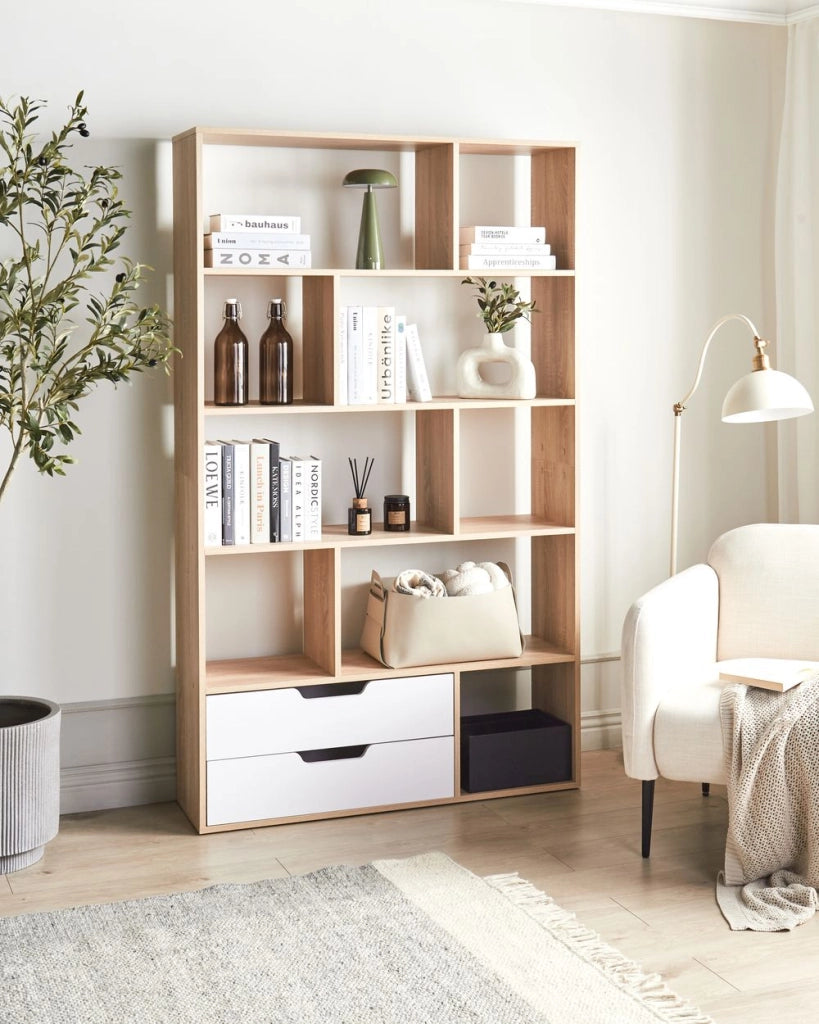 Libreria a 5 ripiani in legno chiaro con 2 cassetti bianco stile moderno