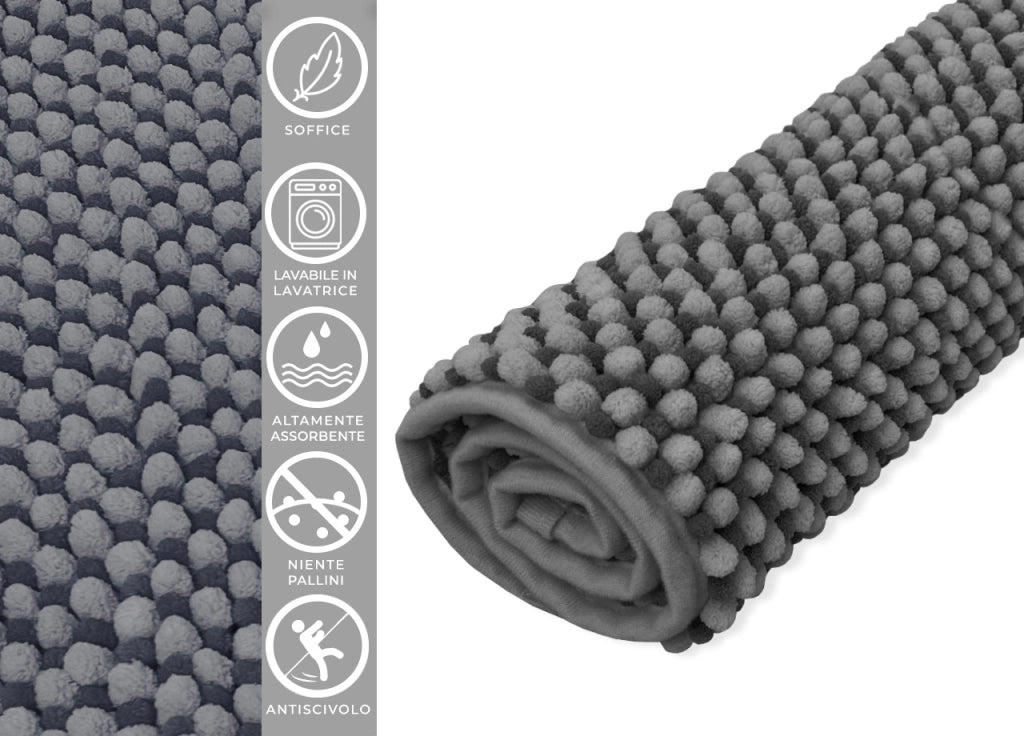 Tappeto Bagno Doccia Antiscivolo In Ciniglia Super Assorbente Modello Dots - 50x80 - Nero